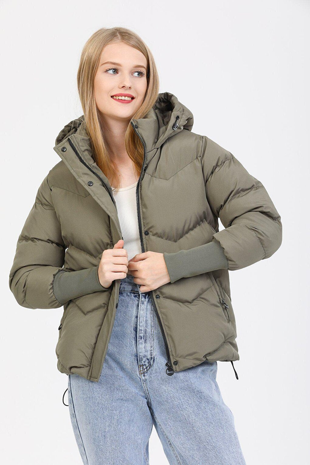 Hooded Long Rib Detailed Puffer Coat AD-K50423LNW