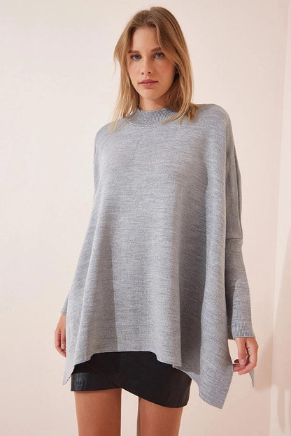 Women's Gray Oversize Slit Poncho Knitwear Sweater