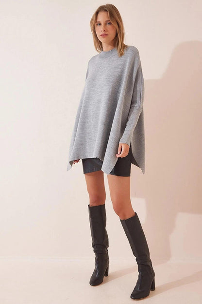 Women's Gray Oversize Slit Poncho Knitwear Sweater