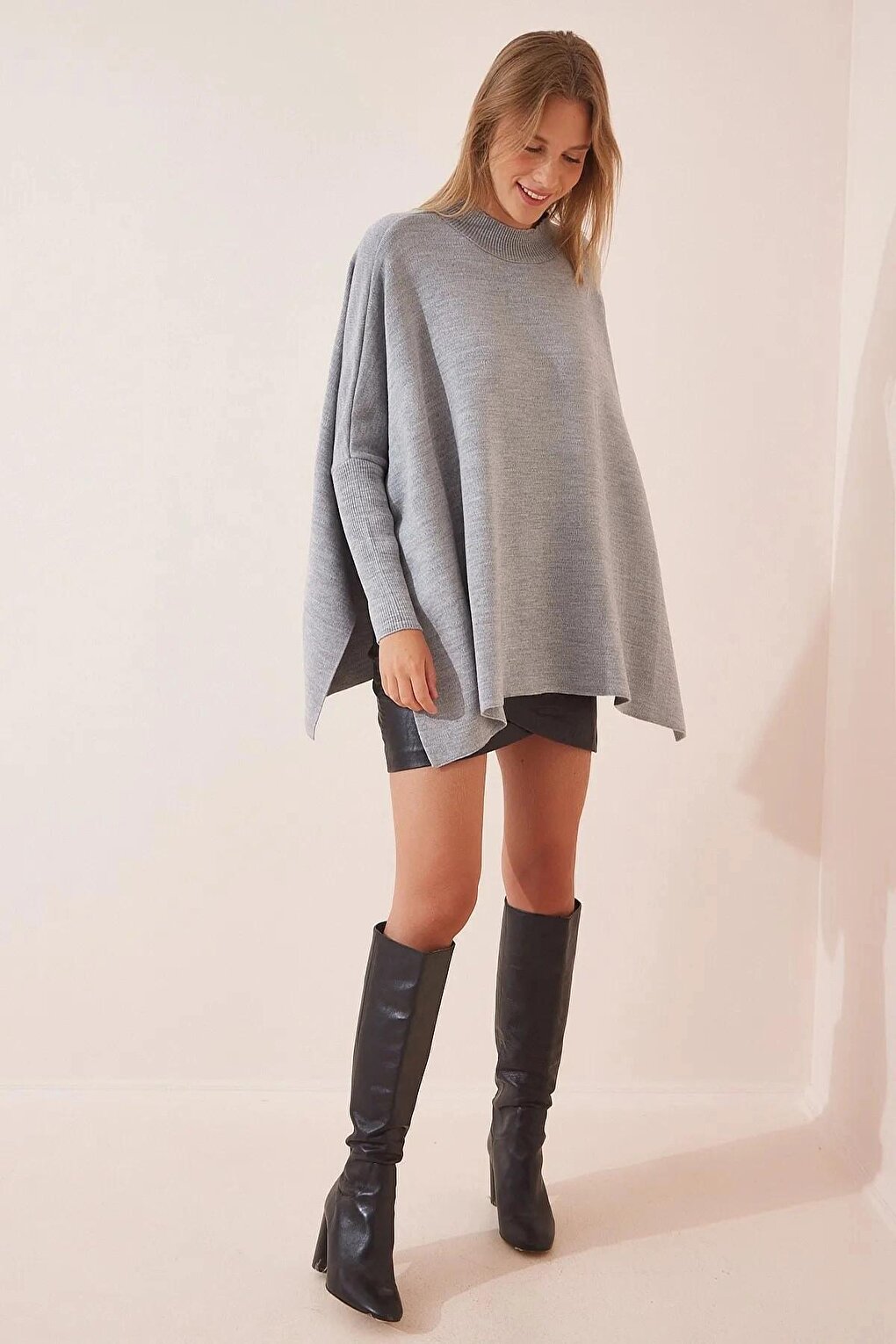 Women's Gray Oversize Slit Poncho Knitwear Sweater