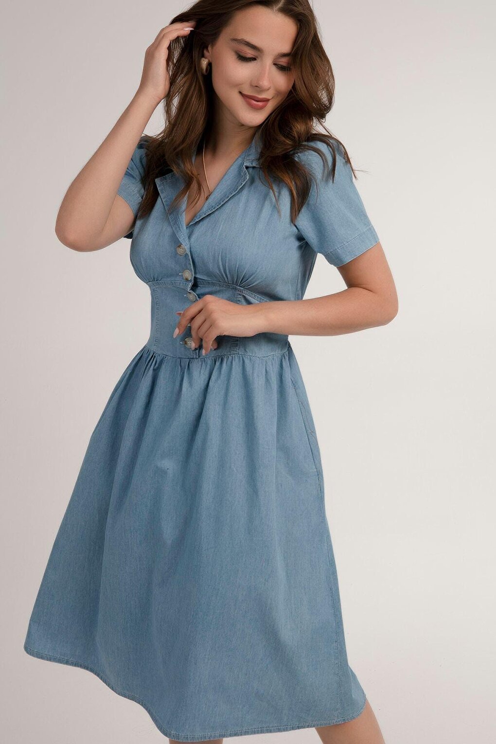 Women's Light Blue Short Sleeve Elastic Waist Half Button Chest Dart Jean Dress HZL22S-BD122101