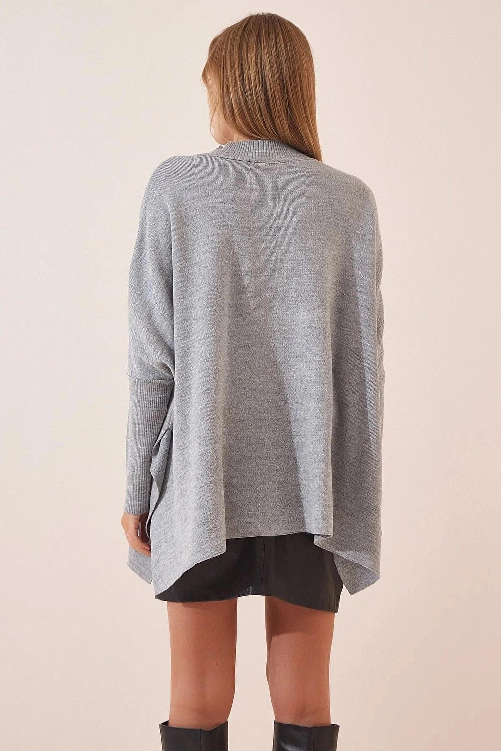 Women's Gray Oversize Slit Poncho Knitwear Sweater