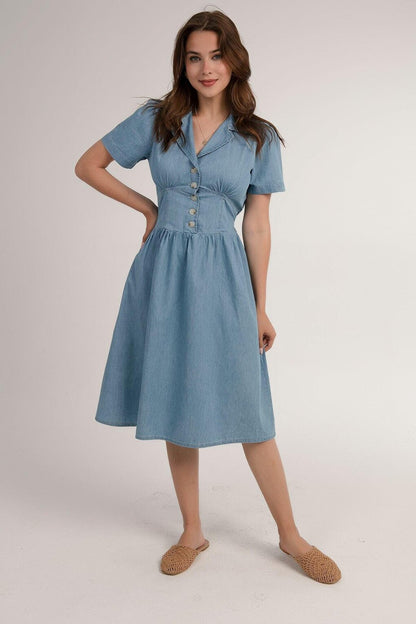 Women's Light Blue Short Sleeve Elastic Waist Half Button Chest Dart Jean Dress HZL22S-BD122101