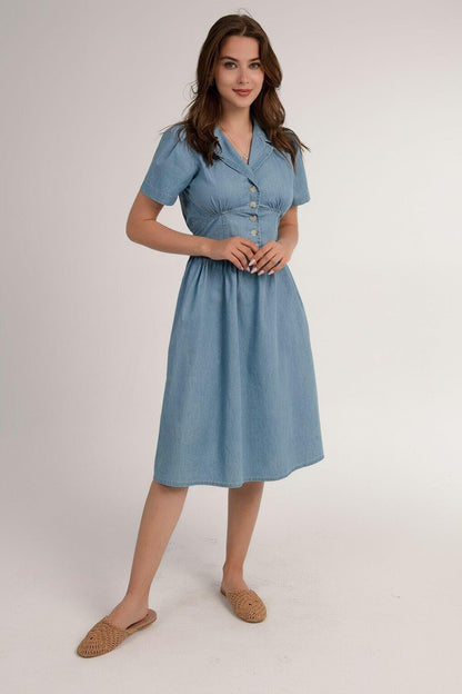 Women's Light Blue Short Sleeve Elastic Waist Half Button Chest Dart Jean Dress HZL22S-BD122101