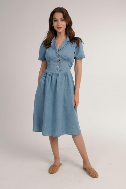 Women's Light Blue Short Sleeve Elastic Waist Half Button Chest Dart Jean Dress HZL22S-BD122101