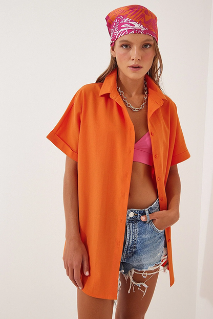 Women's Orange Oversize Long Short Sleeve Basic Poplin Shirt HZL22S-BD1201201