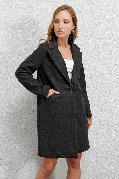 Women's Anthracite Single Button Double Pocket Lined Stylish Cashew Coat HZL23W-BD190851