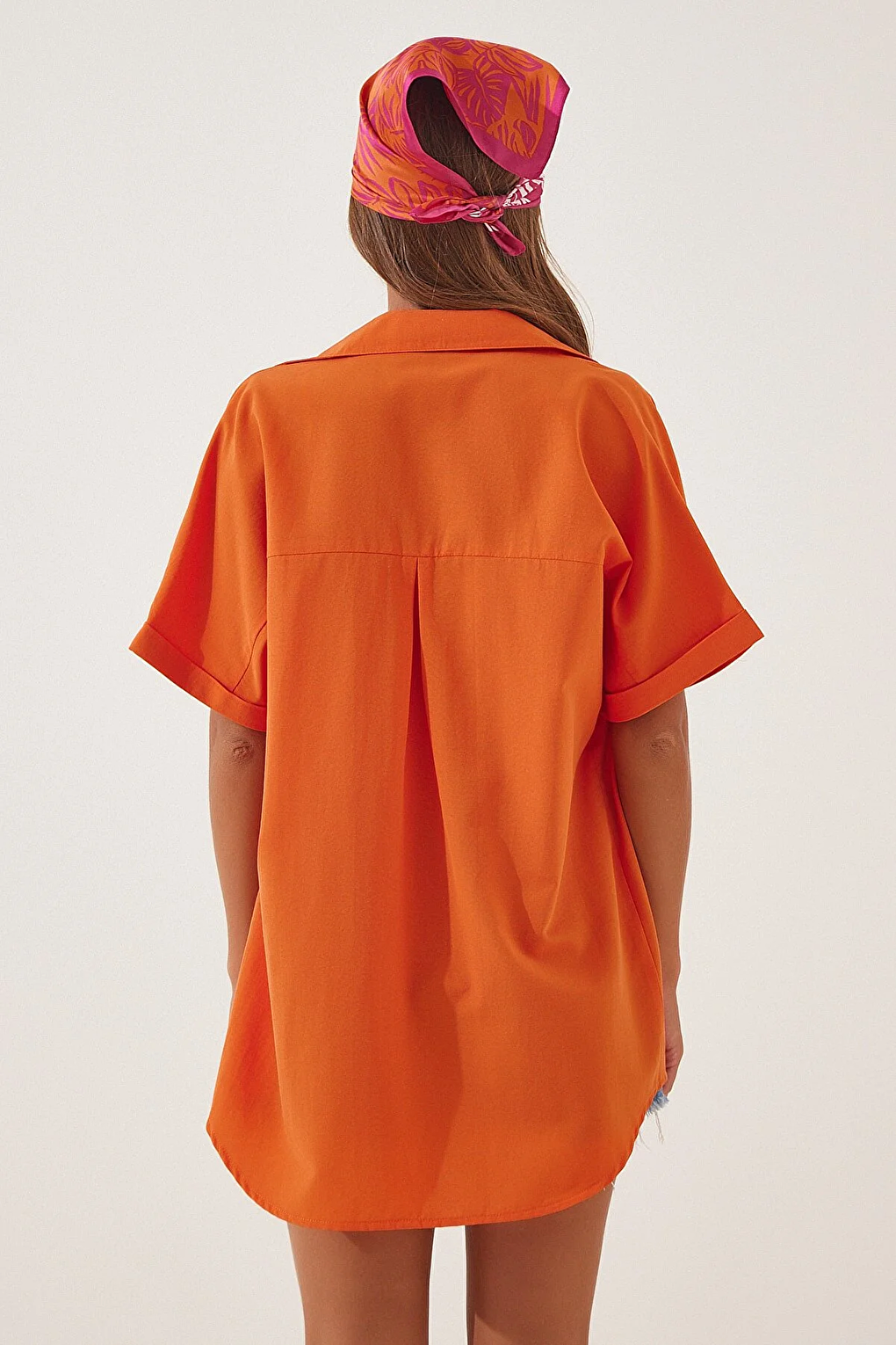 Women's Orange Oversize Long Short Sleeve Basic Poplin Shirt HZL22S-BD1201201