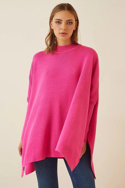 Women's Vivid Pink Oversize Slit Poncho Knitwear Sweater