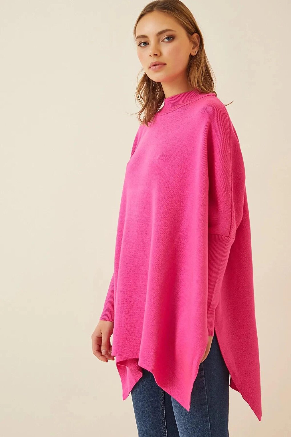 Women's Vivid Pink Oversize Slit Poncho Knitwear Sweater