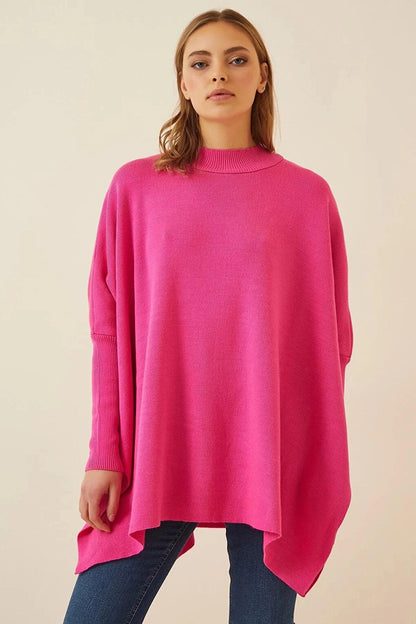 Women's Vivid Pink Oversize Slit Poncho Knitwear Sweater