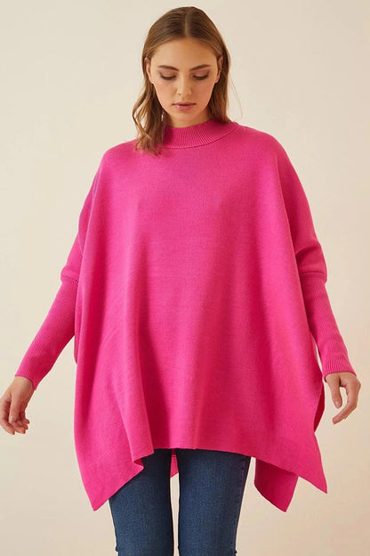 Women's Vivid Pink Oversize Slit Poncho Knitwear Sweater