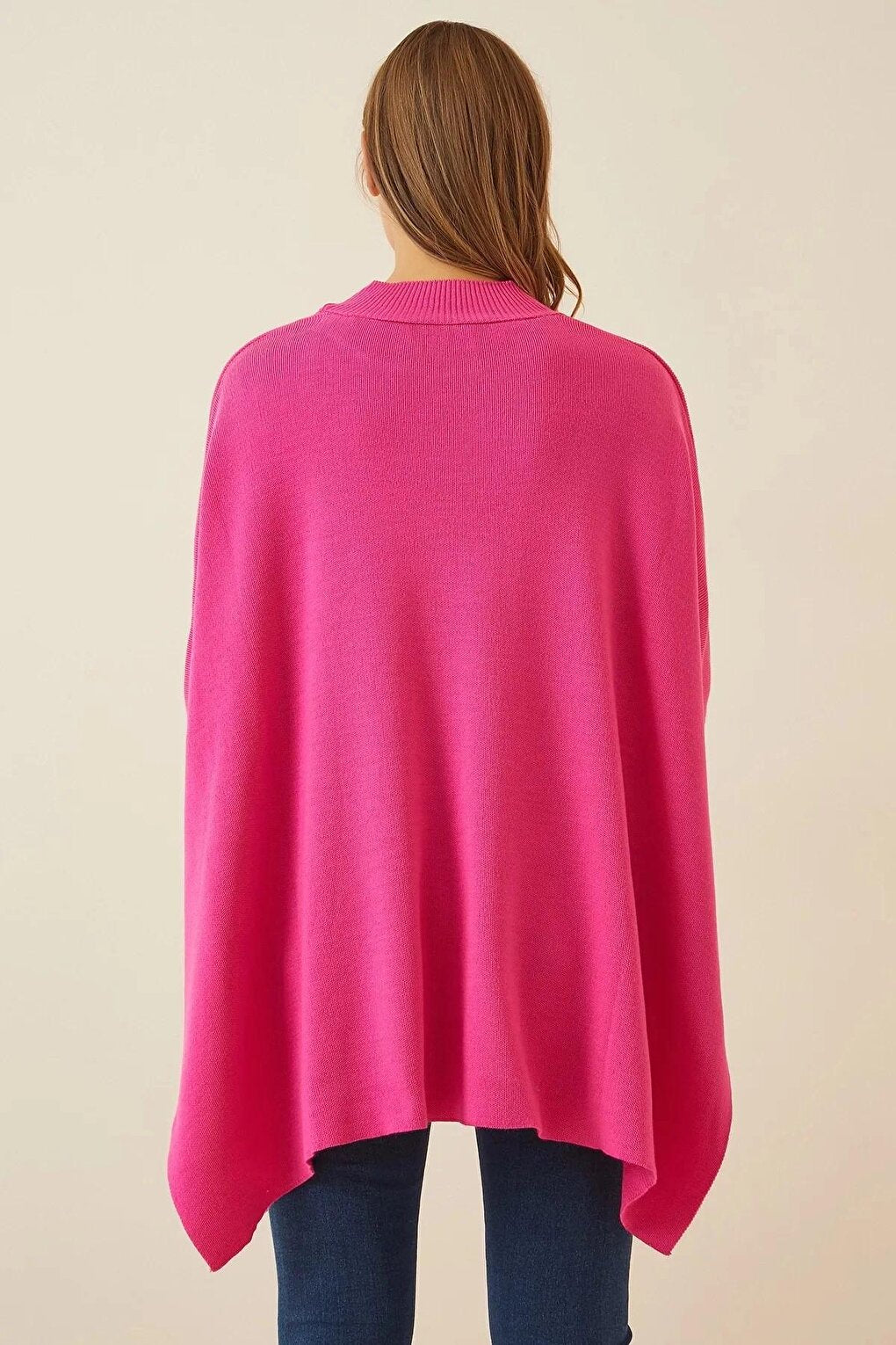 Women's Vivid Pink Oversize Slit Poncho Knitwear Sweater