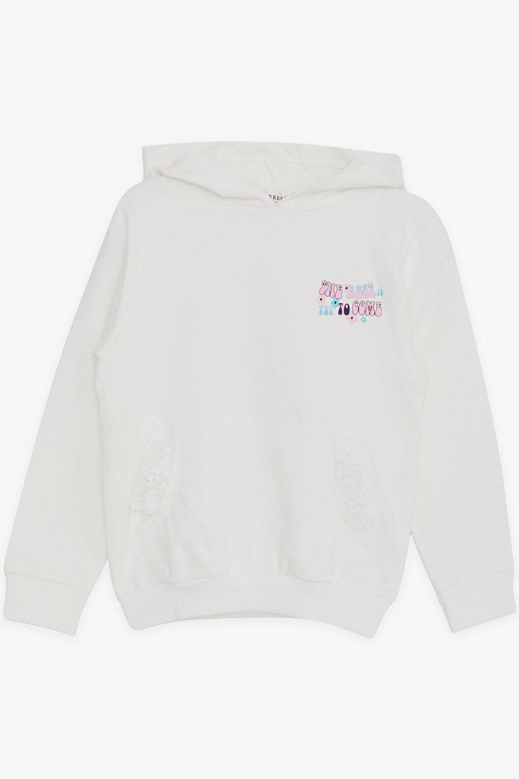 Girl's Sweatshirt Kangaroo Pocket Text Printed Laced Ecru (3-8 Years)