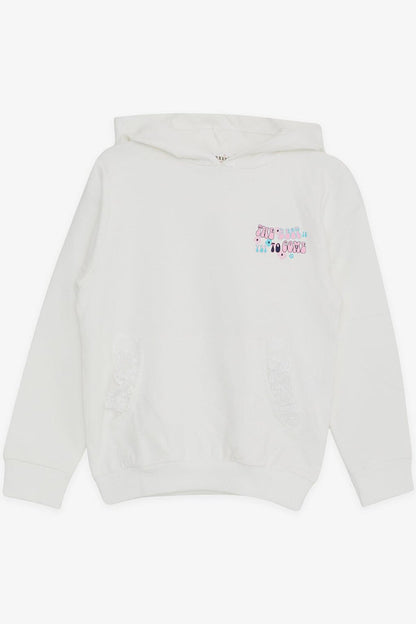 Girl's Sweatshirt Kangaroo Pocket Text Printed Laced Ecru (3-8 Years)