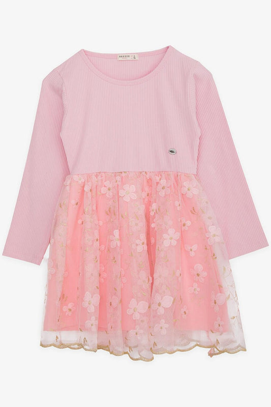 Girl's Long Sleeve Dress Tulle Flower Patterned Pink (Age 4-6)