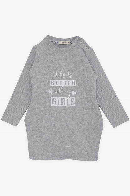 Girl's Tunic Text Printed Pocket Light Gray Melange (Age 1-4)