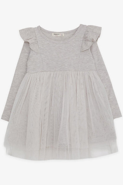 Girl's Long Sleeve Dress Ruffle Shoulder Beige Melange (Age 3-8)