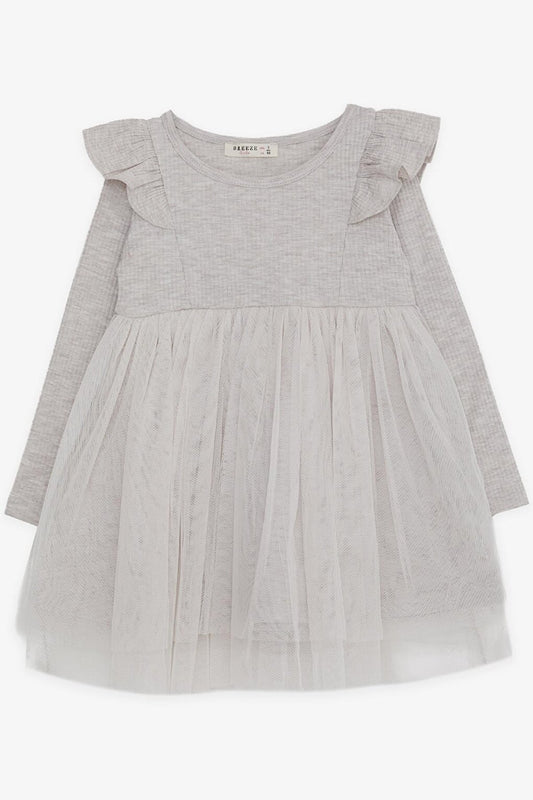 Girl's Long Sleeve Dress Ruffle Shoulder Beige Melange (Age 3-8)