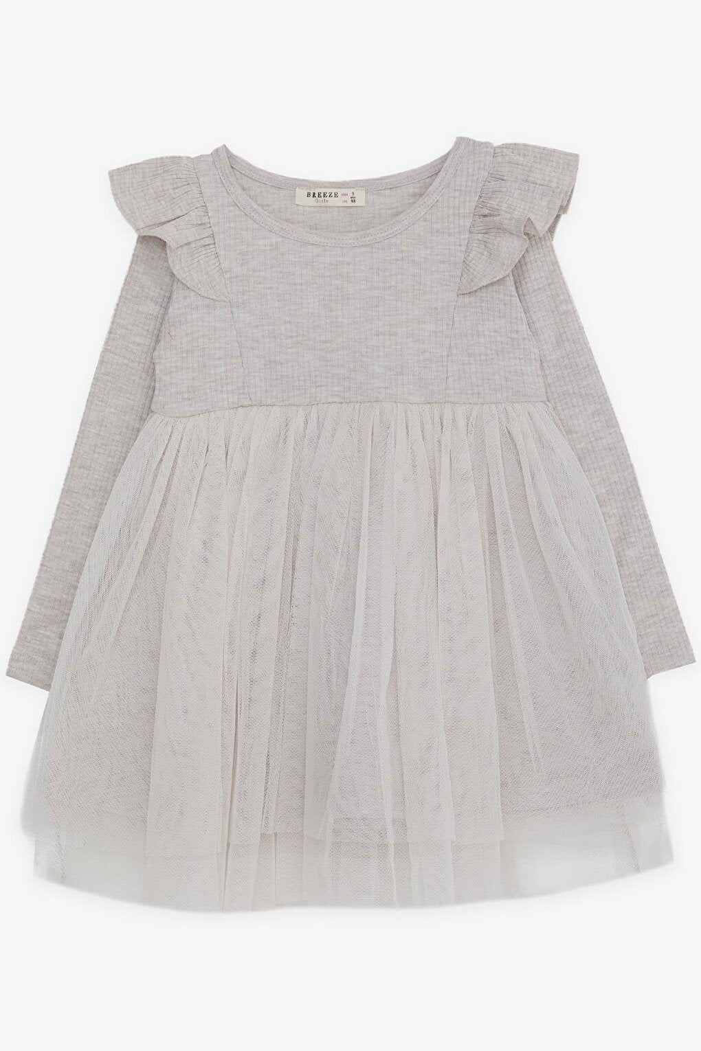 Girl's Long Sleeve Dress Ruffle Shoulder Beige Melange (Age 3-4)