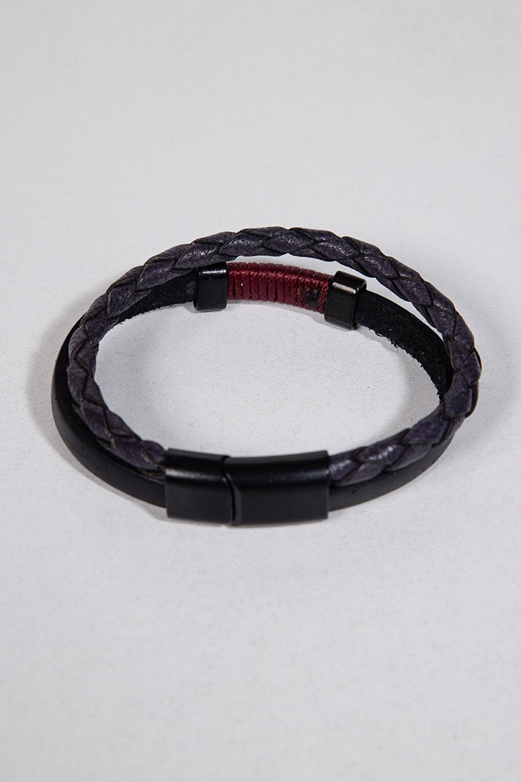 Black Men's Bracelet with Leather Braid Detail