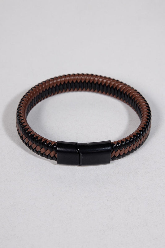 Wicker Patterned Leather Brown-Black Men's Bracelet