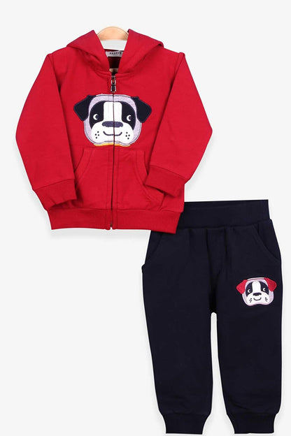 Boy's Tracksuit Set Claret Red with Dog Embroidery (Age 1-4)