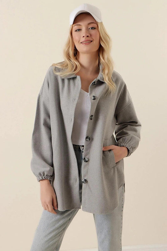 Women's Light Gray Pocket Button Closure Wide Fit Jacket