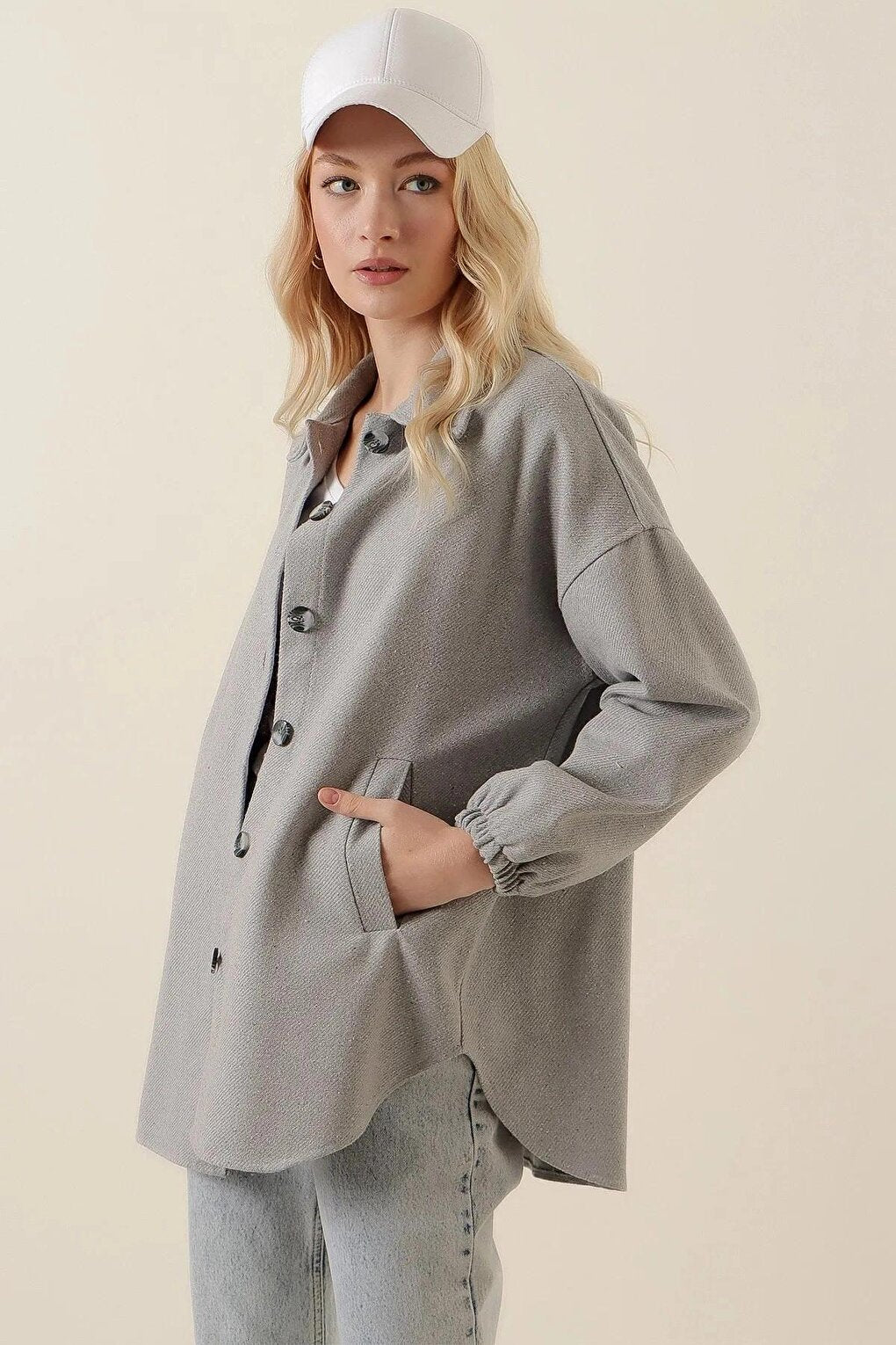 Women's Light Gray Pocket Button Closure Wide Fit Jacket