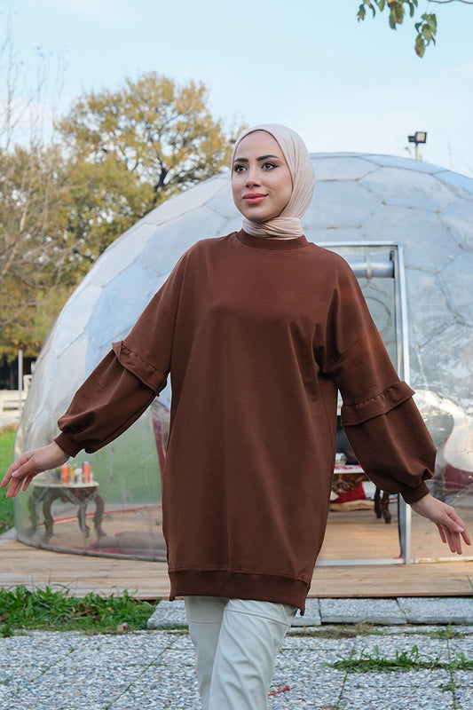 Ruffled Sleeve Crew Neck Tunic Brown