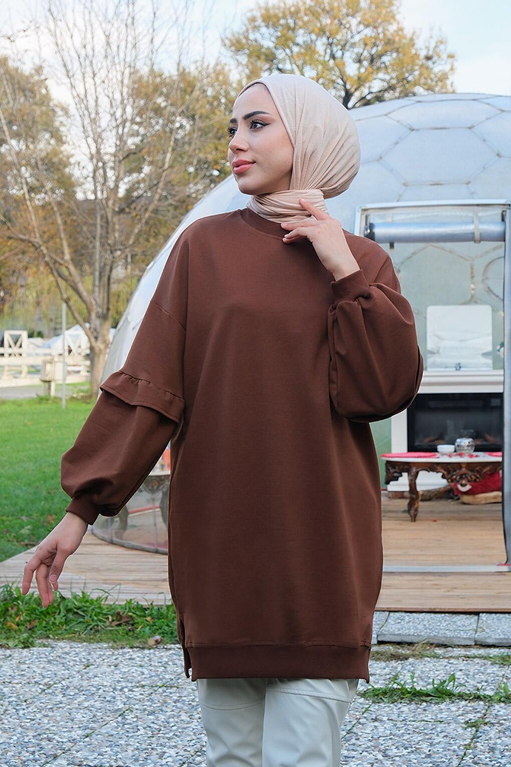 Ruffled Sleeve Crew Neck Tunic Brown