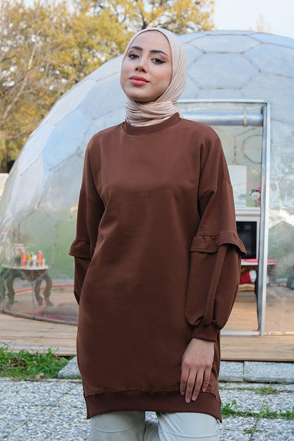 Ruffled Sleeve Crew Neck Tunic Brown