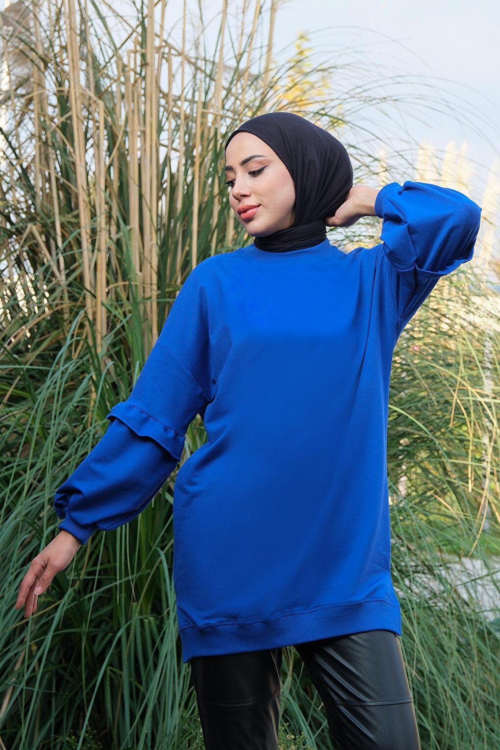 Ruffled Sleeve Crew Neck Tunic Saks Blue