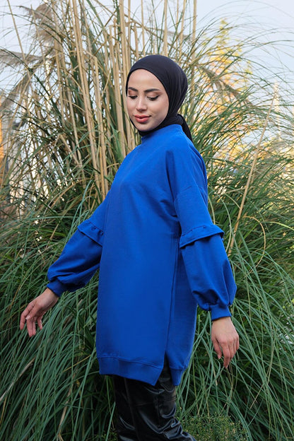 Ruffled Sleeve Crew Neck Tunic Saks Blue