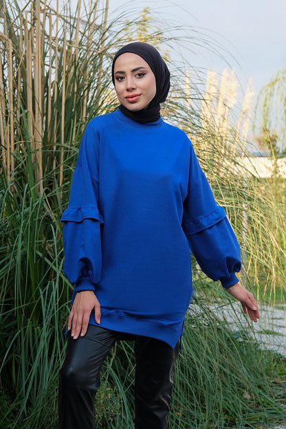 Ruffled Sleeve Crew Neck Tunic Saks Blue