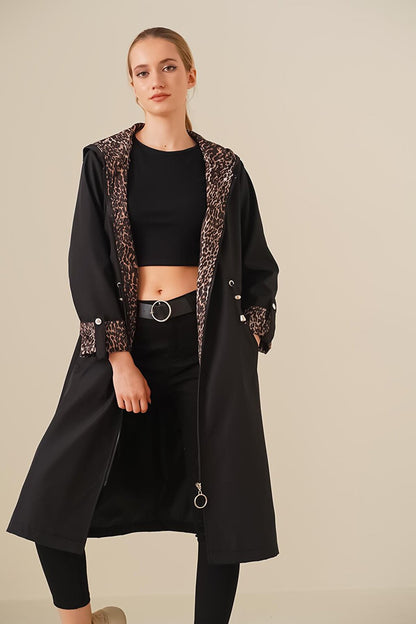 Women's Black Leopard Zippered Waist Gathered Sleeve Cuffed Hooded Long Trench Coat