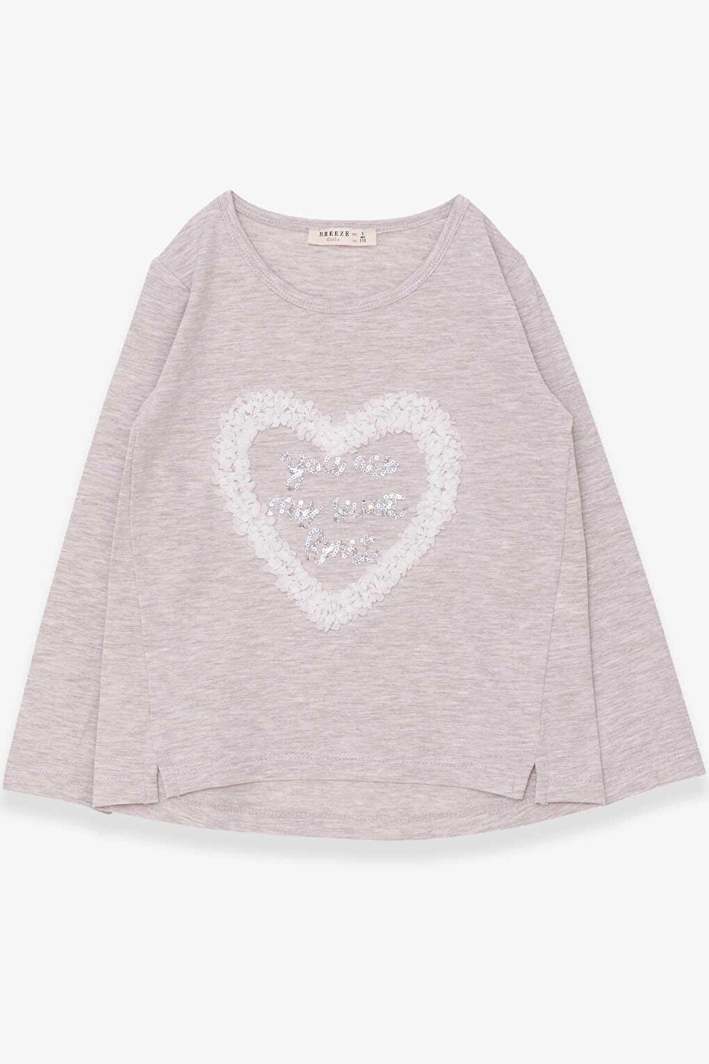 Girl's Long Sleeve T-Shirt Glitter Heart Printed Beige Melange (Age 5-10)