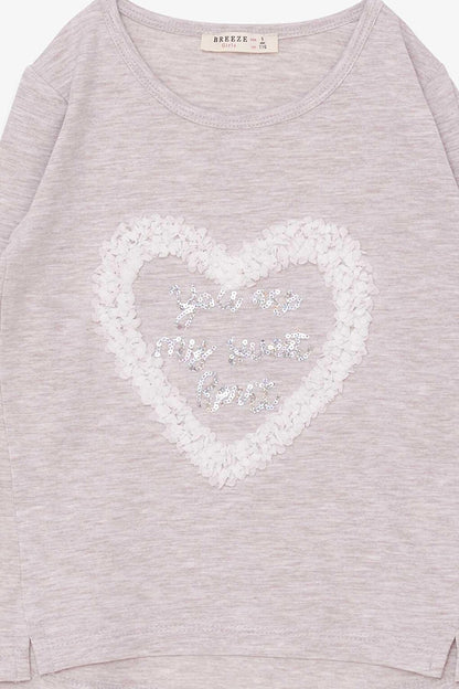 Girl's Long Sleeve T-Shirt Glitter Heart Printed Beige Melange (Age 5-10)