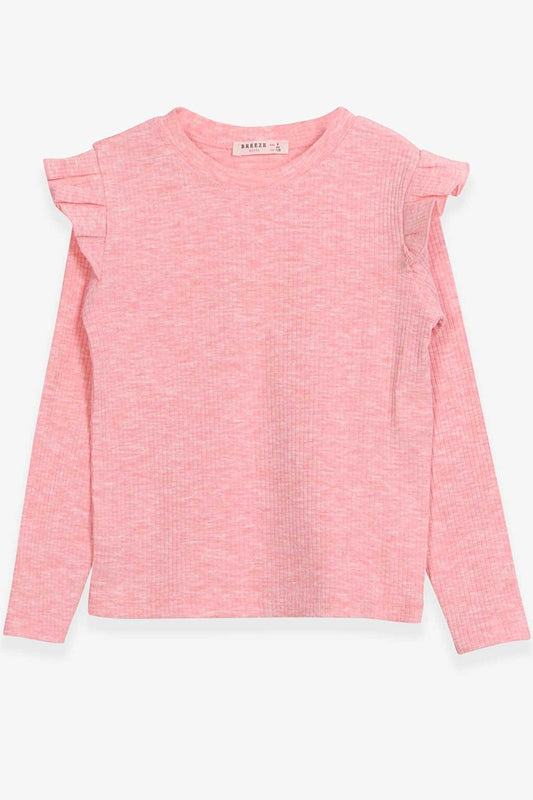 Girl's Long Sleeve Blouse Shoulder Ruffle Detailed Salmon Melange (Ages 8-14)