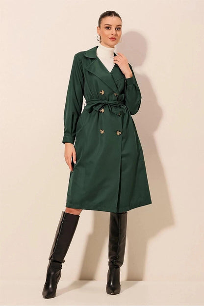 Women's Emerald Double Breasted Collar Belted Unlined Seasonal Casual Trench Coat