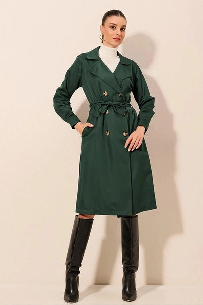 Women's Emerald Double Breasted Collar Belted Unlined Seasonal Casual Trench Coat