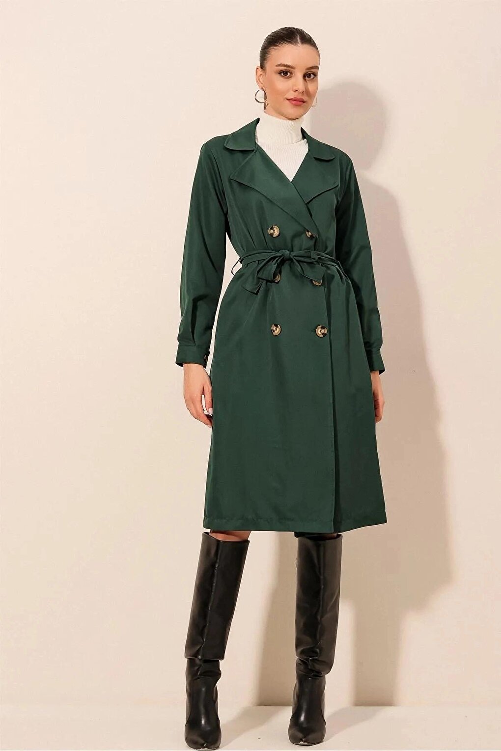 Women's Emerald Double Breasted Collar Belted Unlined Seasonal Casual Trench Coat