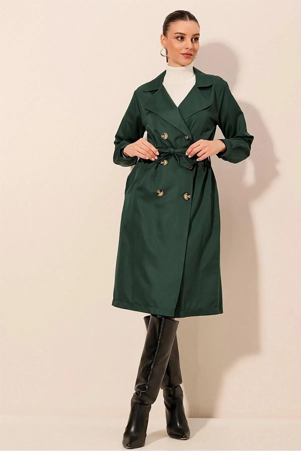 Women's Emerald Double Breasted Collar Belted Unlined Seasonal Casual Trench Coat