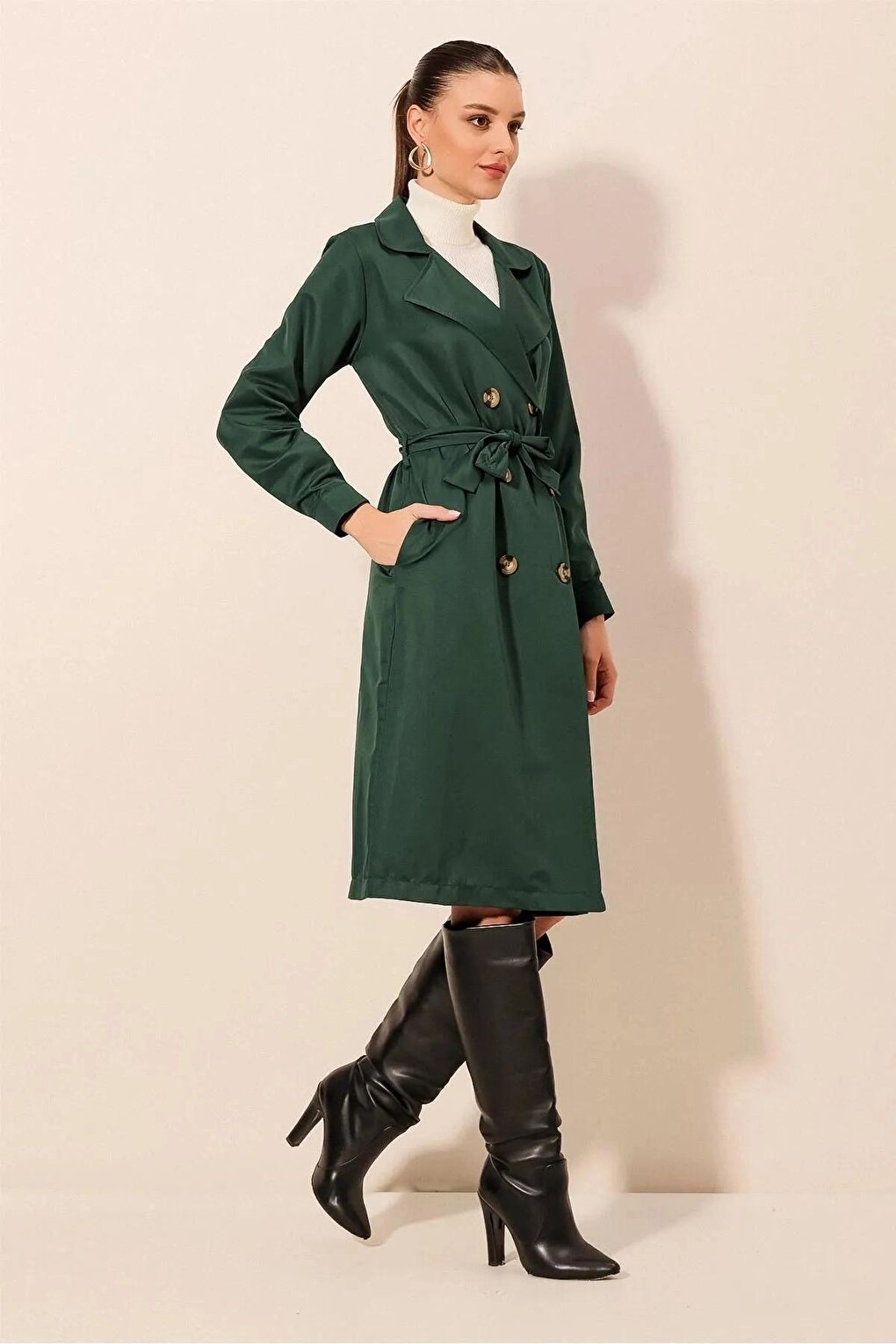 Women's Emerald Double Breasted Collar Belted Unlined Seasonal Casual Trench Coat