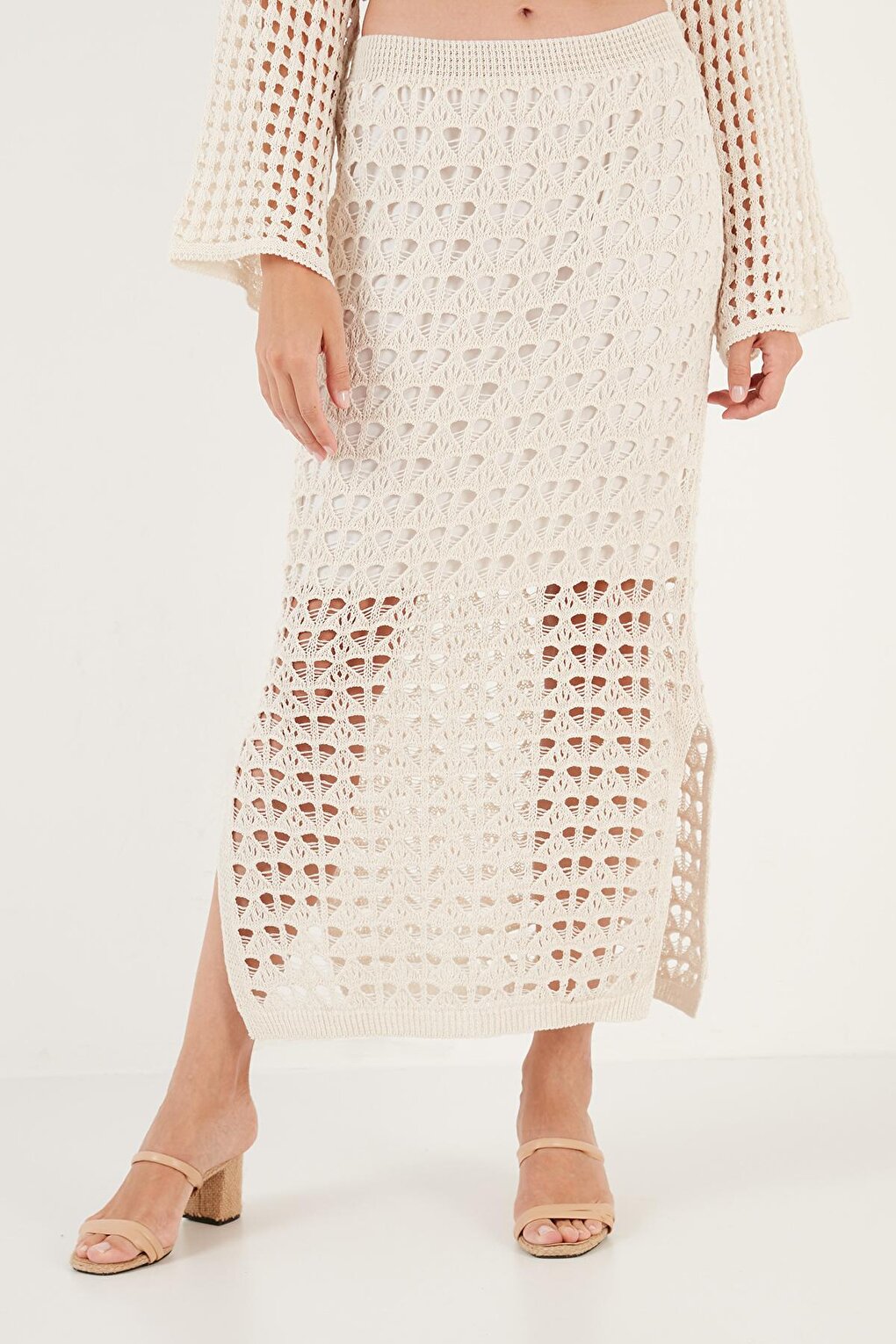 Lined Openwork Slit Knitted Skirt 6071577