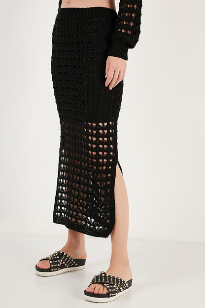 Lined Openwork Slit Knitted Skirt 6071577