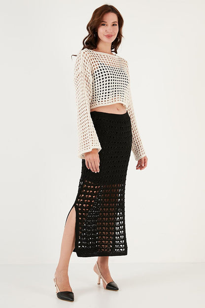 Lined Openwork Slit Knitted Skirt 6071577