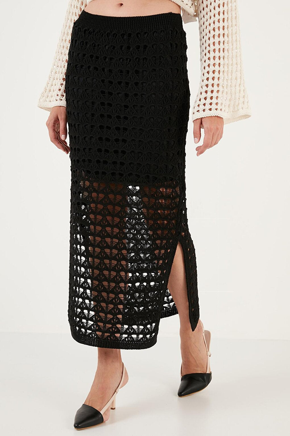 Lined Openwork Slit Knitted Skirt 6071577