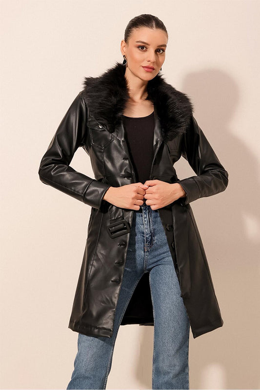 1026 Collar Fur Belted Faux Leather Coat