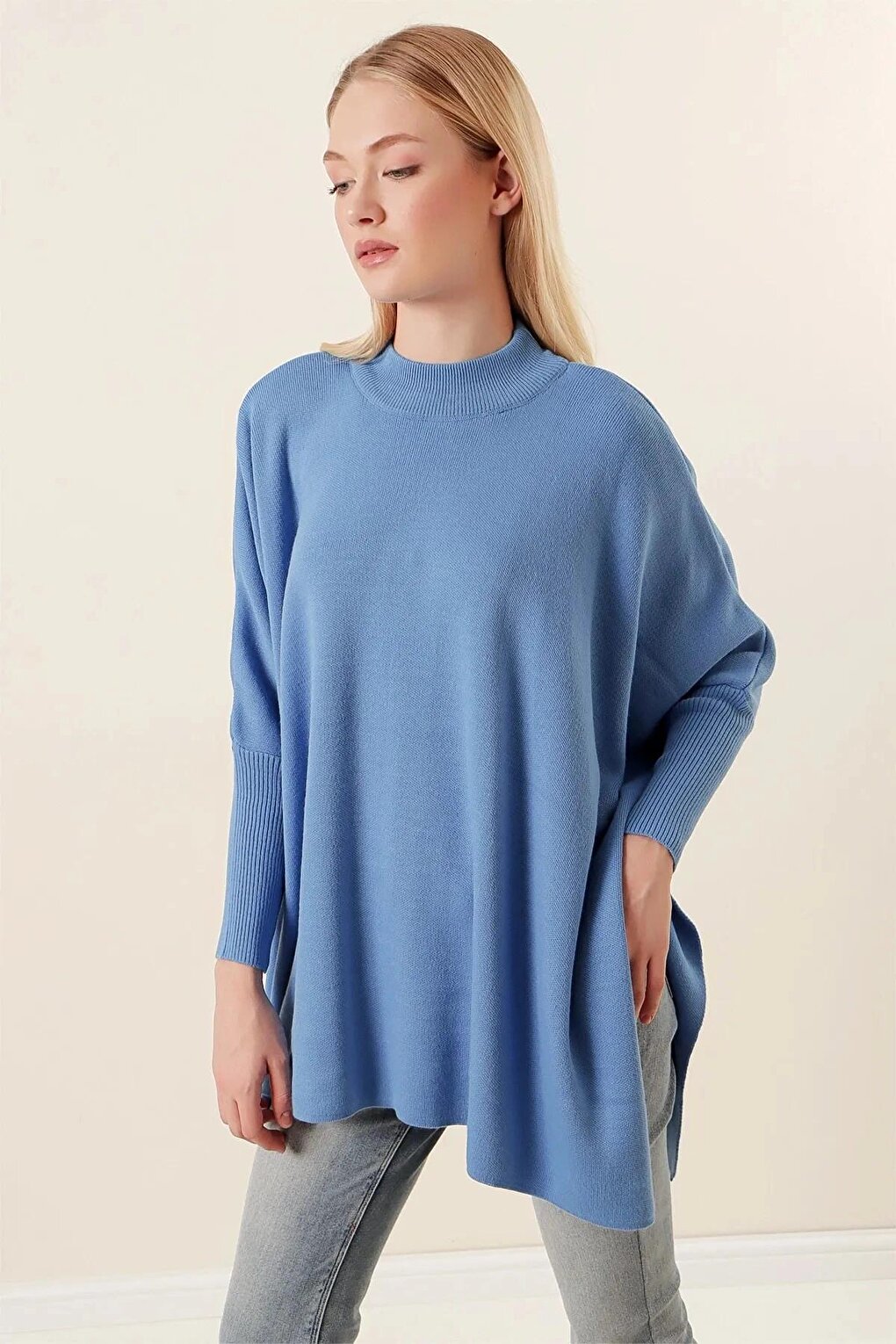 Women's Blue Oversize Slit Poncho Knitwear Sweater